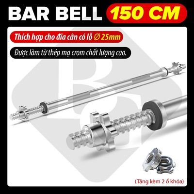 BG - Dài 1.5m,phù hợp với bánh tạ phi 25-50mm Thanh đòn , tạ đòn thép đặc mạ crom chất lượng cao