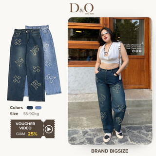 Quần Jeans Ống Rộng Bigsize 55-84kg Nữ Lưng Cao Tôn Dáng 2 Màu Phối Thêu Đậm 3016/Nhạt 3017 Không Giãn Dài 105cm