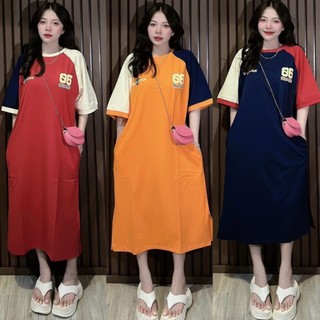 ĐẦM THUN HÌNH THÊU COTTON TAY NGĂN PHỐI MÀU