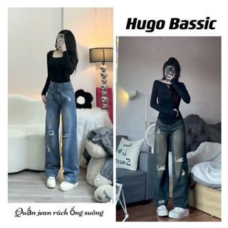 Quần Jean Rách Nhiều Hugo store , Quần Bò Nữ Ống Suông Màu Xanh Rêu T1