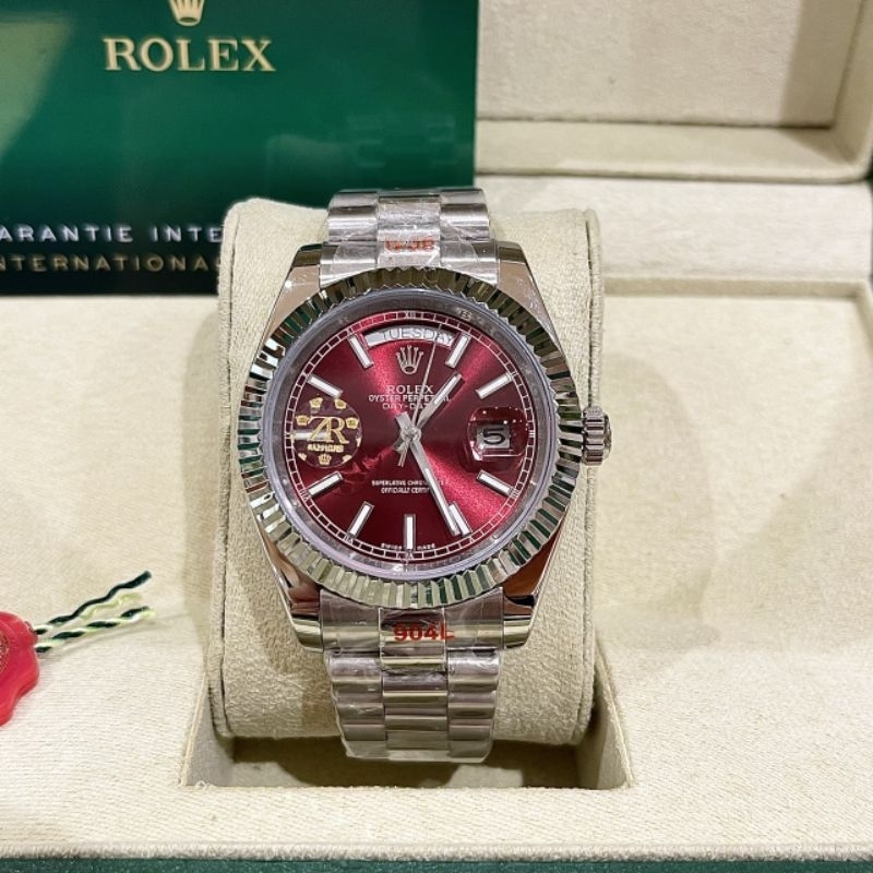 Đồng Hồ Nam Rolexx Day Date Máy Cơ (Automatic) Kính Sapphire Vỏ Thép 904L Mặt Đỏ Tròn  Siz 41mm