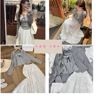 Set 3 Món Áo Dây Xám Áo Khoác Chân Váy Trắng Dài Xếp Li