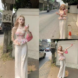 [S196] Sét bộ áo nhún eo trễ vai họa tiết chạy mocking phía sau ( áo có dây kéo ) mix quần tôn dáng trẻ trung xinh xắn