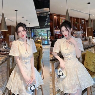 S2 Váy thiết kế nữ thêu hoa chiết eo phối nơ (kèm 3 tag hoa) dáng ngắn Akara Closet phù hợp đi chơi, dạo phố, đi tiệc ..
