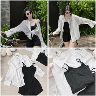Set jum 2s mixx áo sơ mi tay liền phom rộng