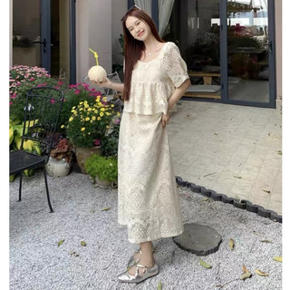 Set đồ ren nữ ren cổ vuông dáng ngắn phối chân váy dáng A dài tiểu thư sang chảnh thiết kế đi chơi đi biển du lịch LEVAN