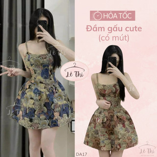 Đầm 2 dây dáng xòe chất dạ bố họa tiết gấu đáng yêu, đầm đi chơi siêu xinh| Lê Thi Clothing