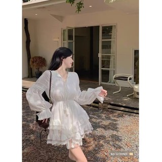 (ORDER) Váy trắng dài tay dập viền phối ren thon eo xòe 2 tầng ngắn style BOHO vintage hàng Quảng Châu cao cấp