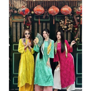 Áo cách tân gấm suông màu xanh ngọc bích dáng cách tân siêu xinh