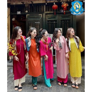 Áo dài cách tân gấm suông dáng xưa cổ tròn màu hồng đậm chất lụa gấm siêu đẹp
