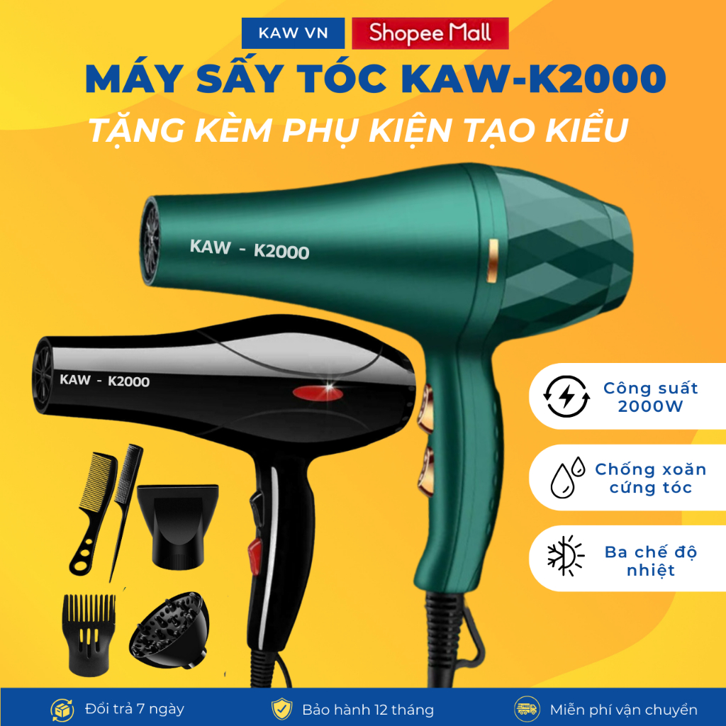 Máy sấy tóc mặt nhám KAW- K2000 DELIYA, Bảo vệ tóc, Chống khô tóc, tặng kèm phụ kiện tạo kiểu tóc