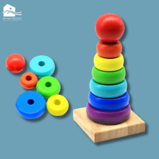 Đồ chơi montessori - tháp cầu vồng gỗ size nhỏ cho bé - thả hình tháp chồng mini 7 màu