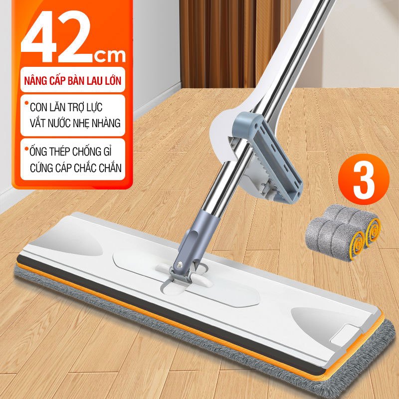 Cây lau nhà tự vắt Kitimop-X bàn lau lớn 42cm, con lăn trợ lực, thanh thép không gỉ, khớp xoay 360 độ, 3 bông lau