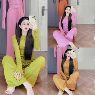 Đồ bộ nữ, set bộ nữ quần ống rộng và áo ôm tay dài vải thun gân tăm lạnh, đồ mặc nhà nữ, đồ ủ kem