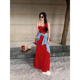   ORDER-sẵn L  Váy hai dây hoa nhí màu đỏ dáng dài ngắn điệu đà nổi bật mùa hè đi biển du lịch hàng QC 