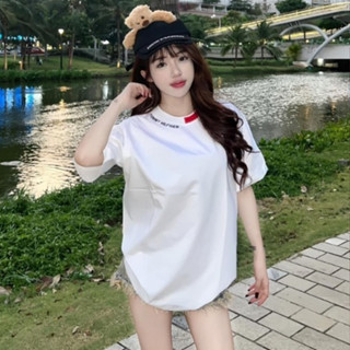 Áo thun tay lỡ cổ bo 2 màu trắng đỏ chữ in viền cổ Mì TÔm mã mới form rộng-Áo phông freesize nam nữ chất cotton cháy phố