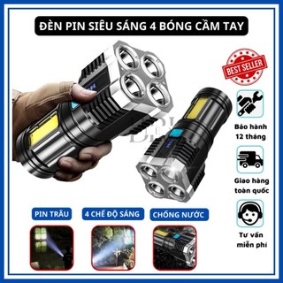 Đèn pin cầm tay 4 bóng sạc USB, đèn pin siêu sáng mini cầm tay, pin trâu, 4 chế độ sáng, chống nước