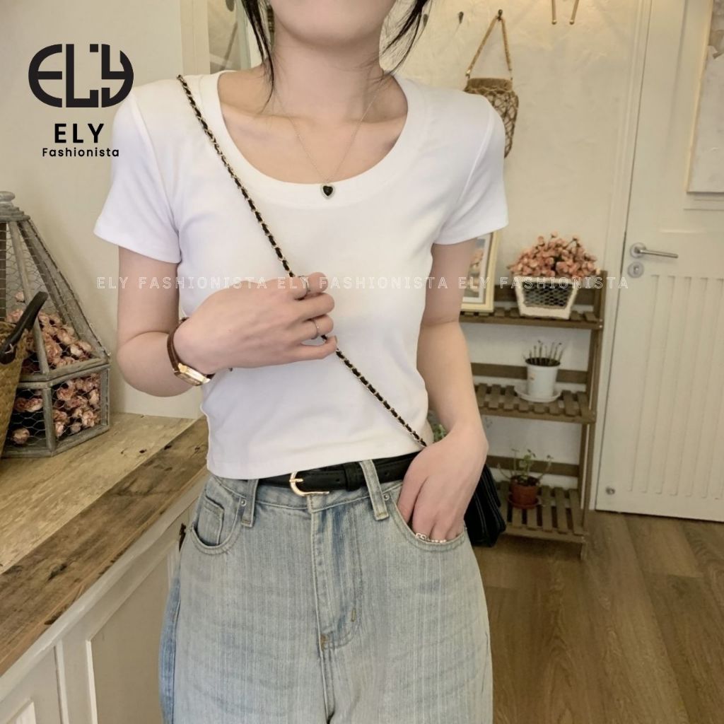 Áo phông nữ ELY cổ tròn sâu cộc tay form đẹp thun trơn co giãn tốt thời trang phong cách ELY273. | BigBuy360 - bigbuy360.vn