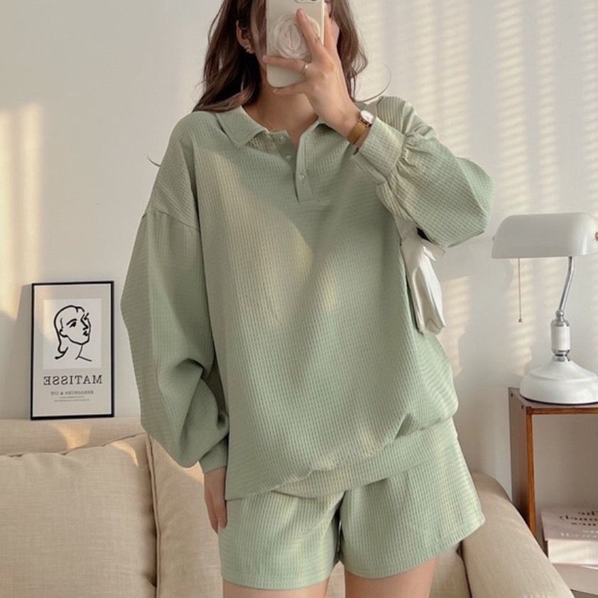 Set Bộ Tổ Ong Áo Polo Dài Tay & Quần Short Lưng Thun Form Rộng Thoải Mái [HÌNH THẬT]