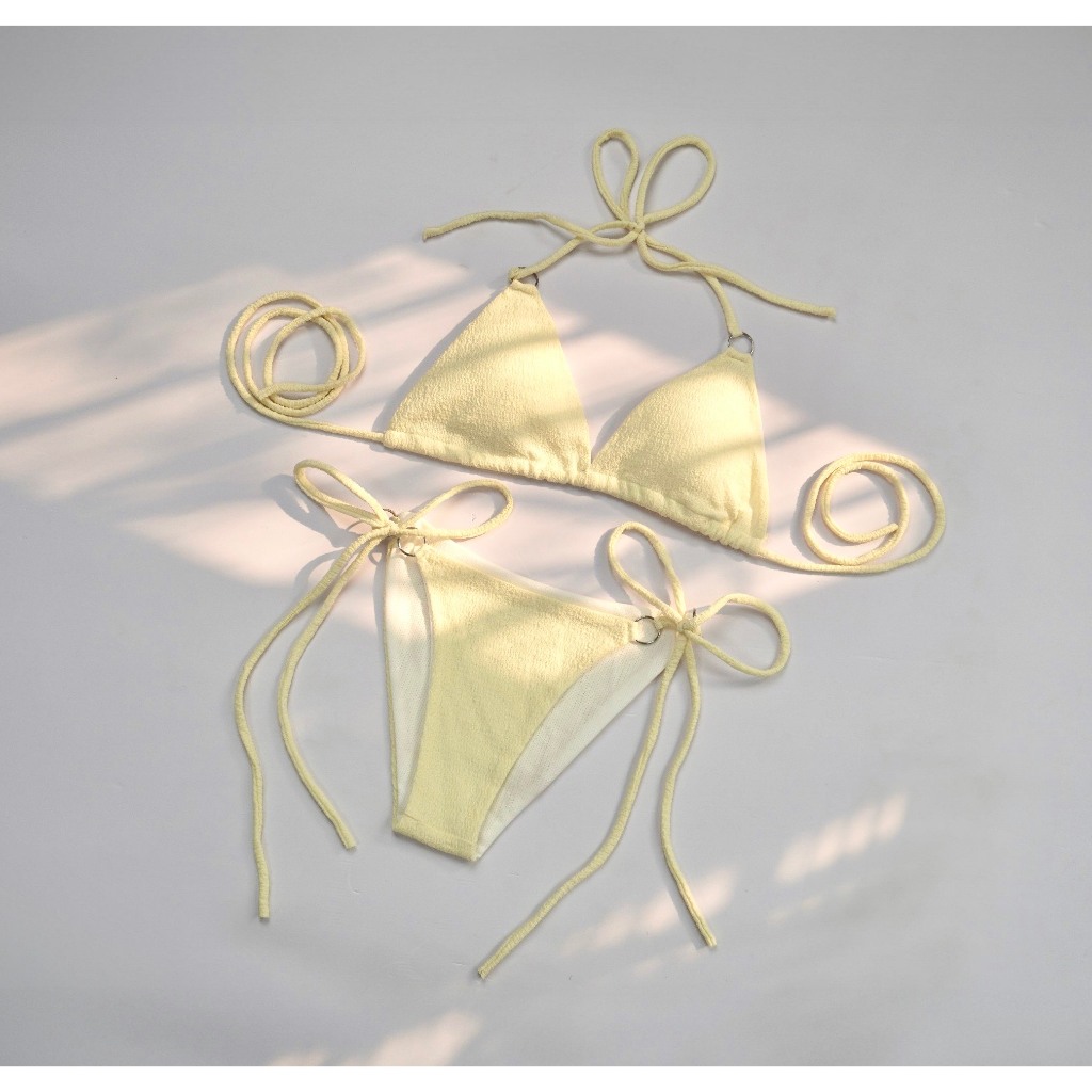 Combo Bikini 3 chi tiết đi biển : set 2 mảnh phối khoen chất xốp nhăn sang chảnh kèm khăn quấn voan tơ sz 40x150cm | BigBuy360 - bigbuy360.vn