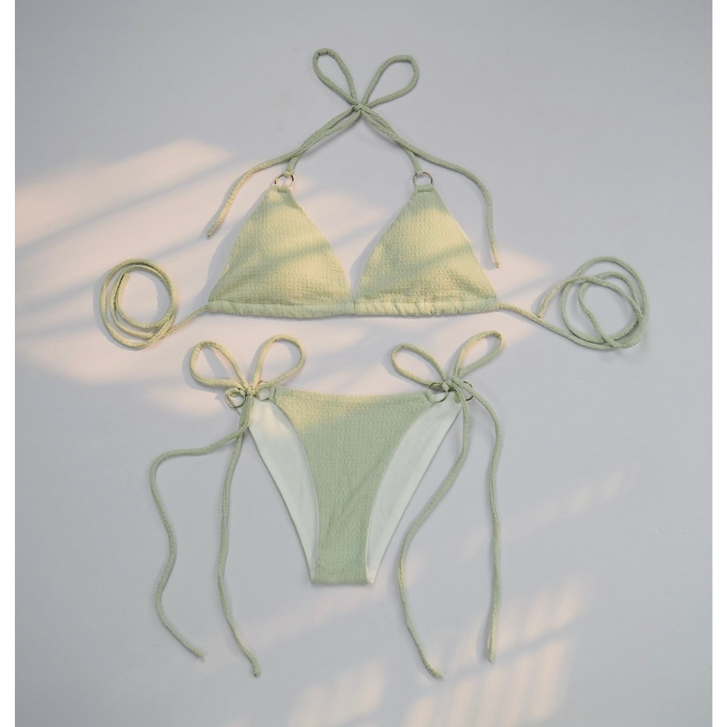 Combo Bikini 3 chi tiết đi biển : set 2 mảnh phối khoen chất xốp nhăn sang chảnh kèm khăn quấn voan tơ sz 40x150cm | BigBuy360 - bigbuy360.vn