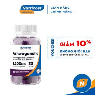 NUTRICOST ASHWAGANDHA GUMMIES - Viên Uống Hỗ Trợ Giấc Ngủ, Giảm Căng Thẳng, Lo Âu 60 Viên Mềm