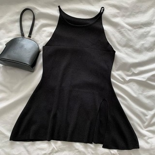 Váy body dáng ngắn không cổ sát nách xẻ hông trơn basic