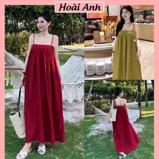 Váy 2s Tơ Đũi Chun Sau Dáng Suông Dài Đầm 2 Hai Dây Maxi Trơn Freesize