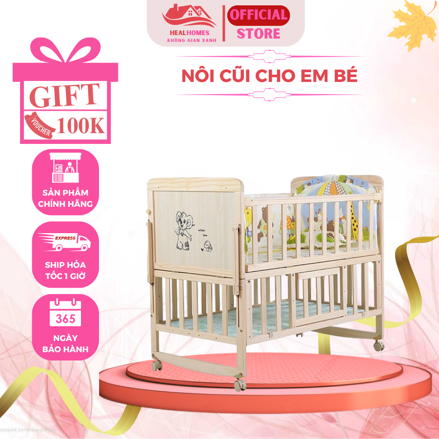 Cũi cho bé, Nôi cũi gỗ cho bé đa năng HealHomes ghép với giường bố mẹ tiện lợi (Tặng: Màn chống muỗi), KT:105x60x90 Cm