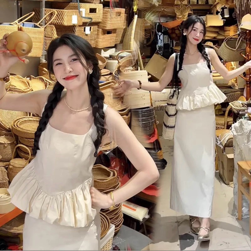 [S2.719] Set Áo Be Peplum Mix Chân Váy Midi Dáng Dài Hàng 2 Lớp Dày Dặn | BigBuy360 - bigbuy360.vn