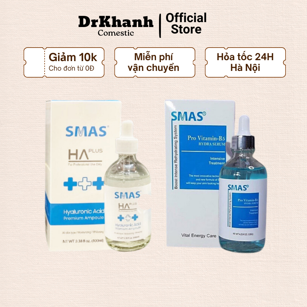 Serum Smas Pro Vitamin B5 Hydra Serum 120ml &amp; Tinh Chất Cấp Ẩm SMAS HA Plus Premium Ampoule 100ml