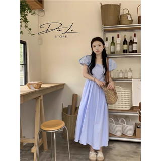 (ORDER)- Đầm cổ vuông kẻ sọc tay phồng phong cách Retro kiểu Pháp