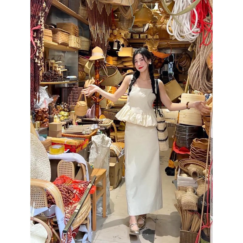 [S2.719] Set Áo Be Peplum Mix Chân Váy Midi Dáng Dài Hàng 2 Lớp Dày Dặn | BigBuy360 - bigbuy360.vn