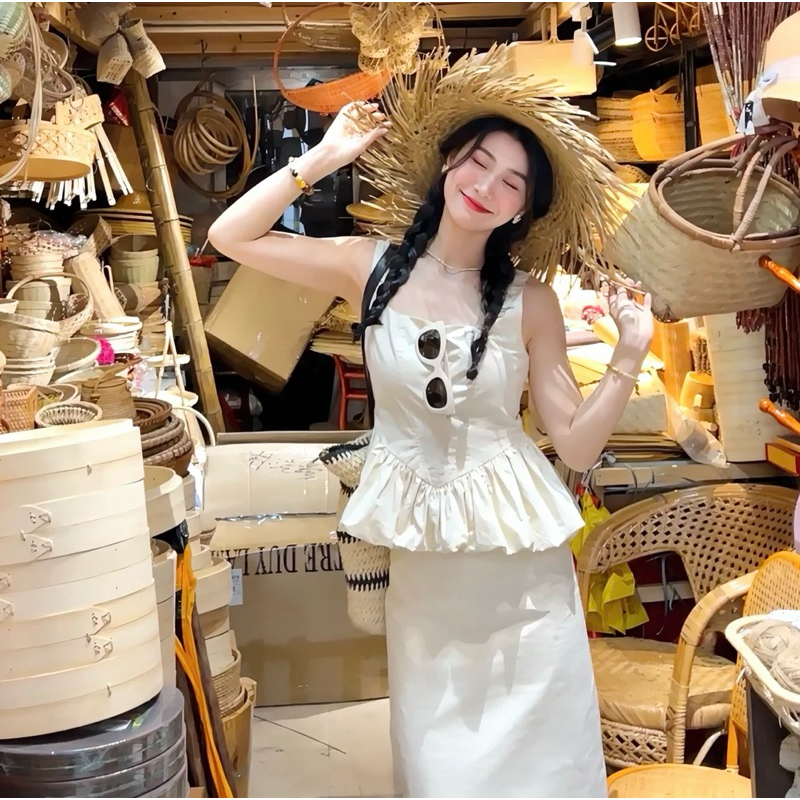 [S2.719] Set Áo Be Peplum Mix Chân Váy Midi Dáng Dài Hàng 2 Lớp Dày Dặn | BigBuy360 - bigbuy360.vn
