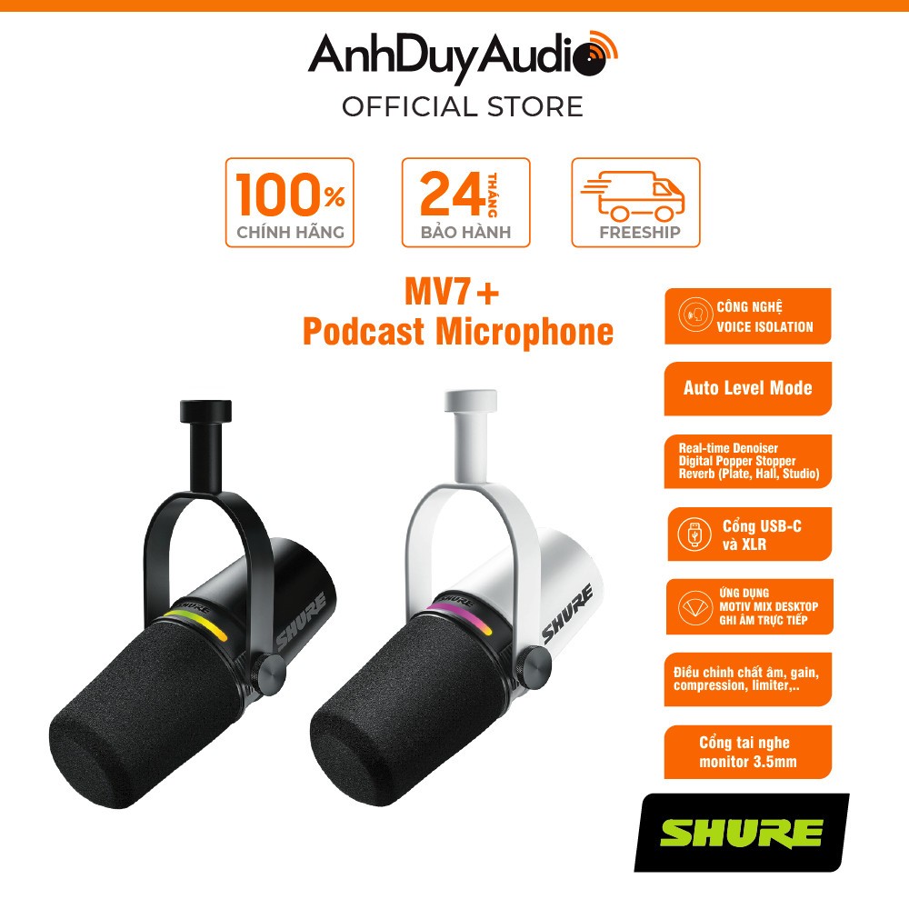 Bộ Micro Podcast Livestream Shure MV7+ Cổng USB-C XLR - Hàng Chính Hãng
