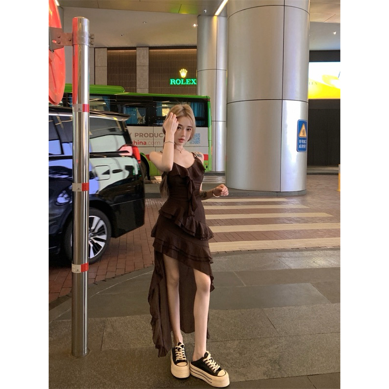 Đầm 2 dây phối bèo tà dài đuôi cá xéo TABISHOP Váy nữ màu nâu lạ mắt đi biển đi chơi mặc hè sang chảnh(09) | BigBuy360 - bigbuy360.vn