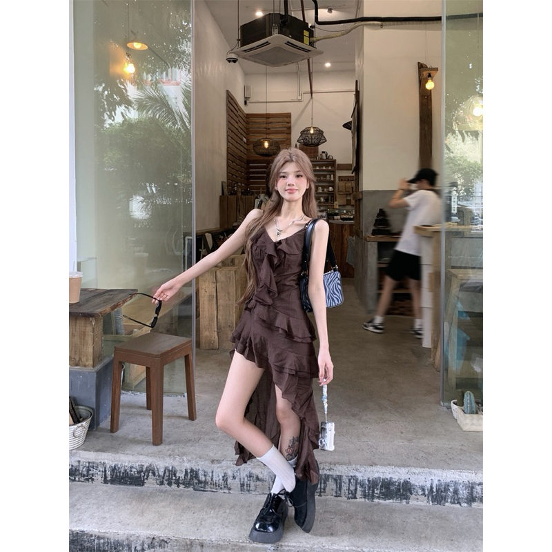 Đầm 2 dây phối bèo tà dài đuôi cá xéo TABISHOP Váy nữ màu nâu lạ mắt đi biển đi chơi mặc hè sang chảnh(09) | BigBuy360 - bigbuy360.vn