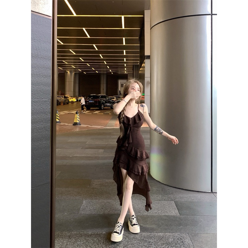 Đầm 2 dây phối bèo tà dài đuôi cá xéo TABISHOP Váy nữ màu nâu lạ mắt đi biển đi chơi mặc hè sang chảnh(09) | BigBuy360 - bigbuy360.vn