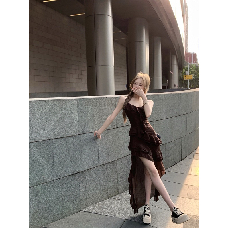 Đầm 2 dây phối bèo tà dài đuôi cá xéo TABISHOP Váy nữ màu nâu lạ mắt đi biển đi chơi mặc hè sang chảnh(09) | BigBuy360 - bigbuy360.vn