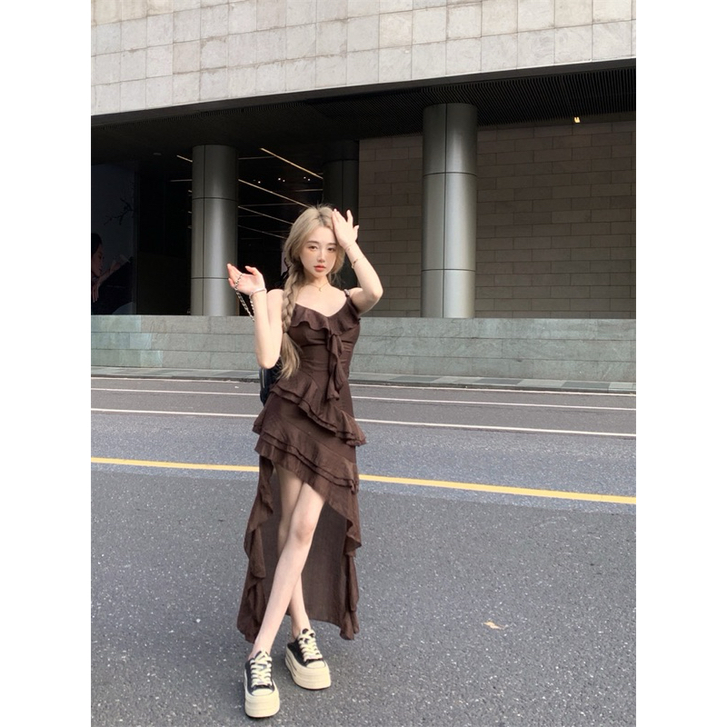 Đầm 2 dây phối bèo tà dài đuôi cá xéo TABISHOP Váy nữ màu nâu lạ mắt đi biển đi chơi mặc hè sang chảnh(09) | BigBuy360 - bigbuy360.vn