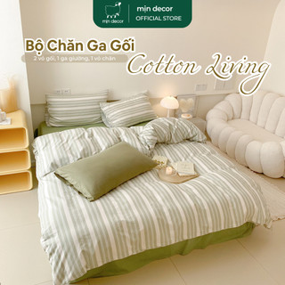 Bộ Chăn Ga Gối Cotton Living Mịn Decor, Drap Đủ Size 1m2 Đến 2m2 Vỏ Chăn Có Khoá Kéo (Không Kèm Ruột), Hoạ Tiết Kẻ (1)