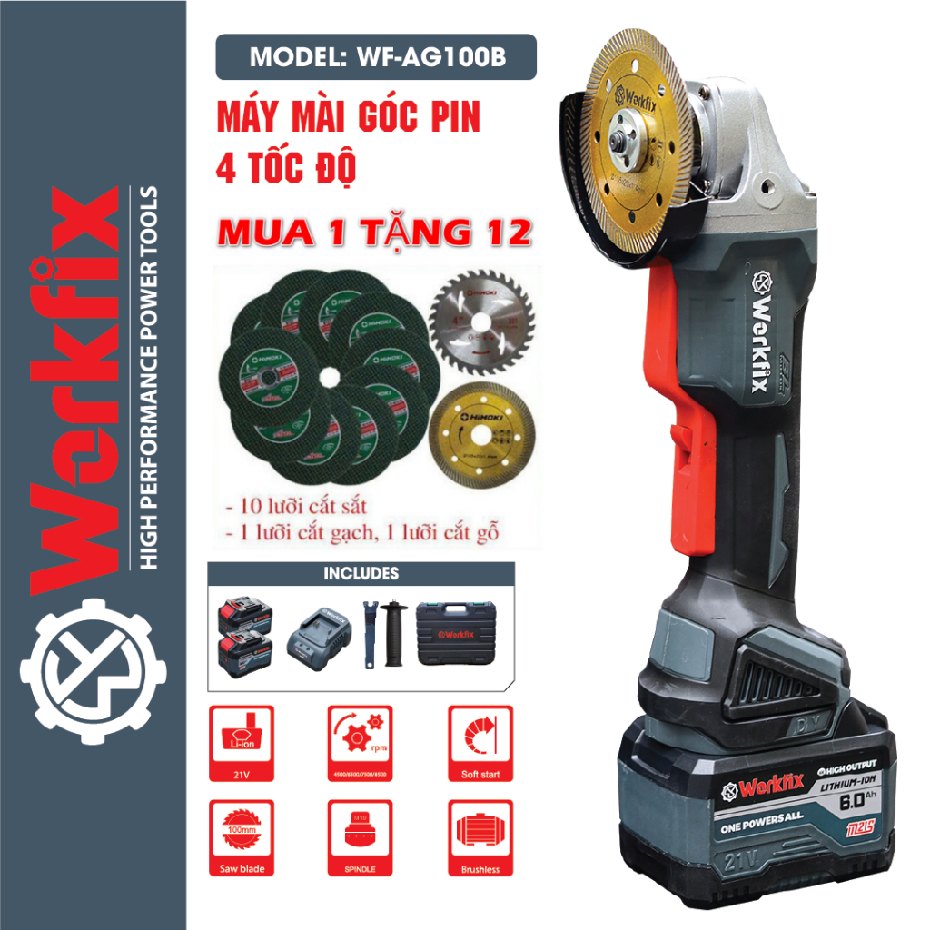 🌹FREESHIP🌹Máy Mài, Máy Cắt dùng pin Workfix WF-AG100B (Màu xám) Pin khủng 15 cell - Không chổi than - 4 cấp tốc độ