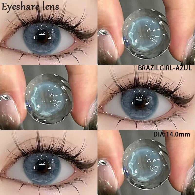 Eyeshare lens màu xanh xám 1 Cặp kính áp tròng màu xám trong suốt 14.0mm độ tặng kèm khay lens mắt