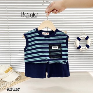Bộ ba lỗ hoạ tiết kẻ ngang bé trai, set bộ cotton ba lỗ phối túi lưới cá tính cho bé