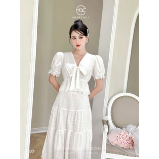 Set Váy Basic Tiểu Thư Thêu Hoa MEDECHILL Áo Cổ Tim Gắn Nơ Kèm Chân Váy Suông Dài Mềm Mát Che Khuyết Điểm Tốt S331