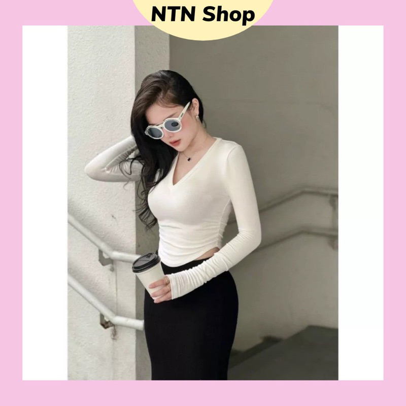 Áo Cổ Tim Tay Dài Nhún Eo basic AQC1