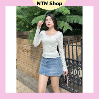 Áo tay dài cổ vuông viền ren cuốn biên