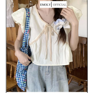 Áo nữ dáng ngắn, Áo baydoll viền ren màu trơn phối dây nơ tay cánh tiên nhẹ nhàng đáng yêu dành cho nữ