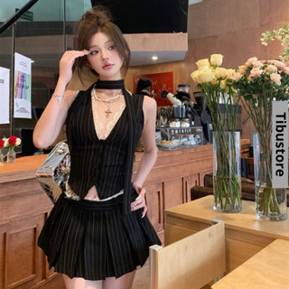 Set Áo Vest Cổ V Phối Ren Mix Chân Váy Dáng Ngắn Xếp Ly TIBU Set Đồ Nữ 3 Món Tôn Dáng Sang Chảnh Đi Tiệc Chơi Đều Xinh