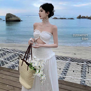 Đầm maxi quây trắng xòe xẻ tà trước khoét nhún chun ngực 0424 thaotranshop90